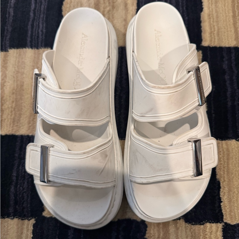 Alexander McQueen White Slides with Silver Buckles